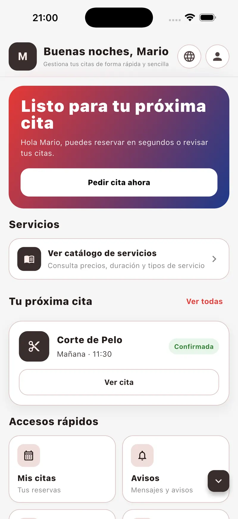 Pantalla de inicio de la app de cliente de Hidalgo Junior, con la próxima cita y el botón para reservar