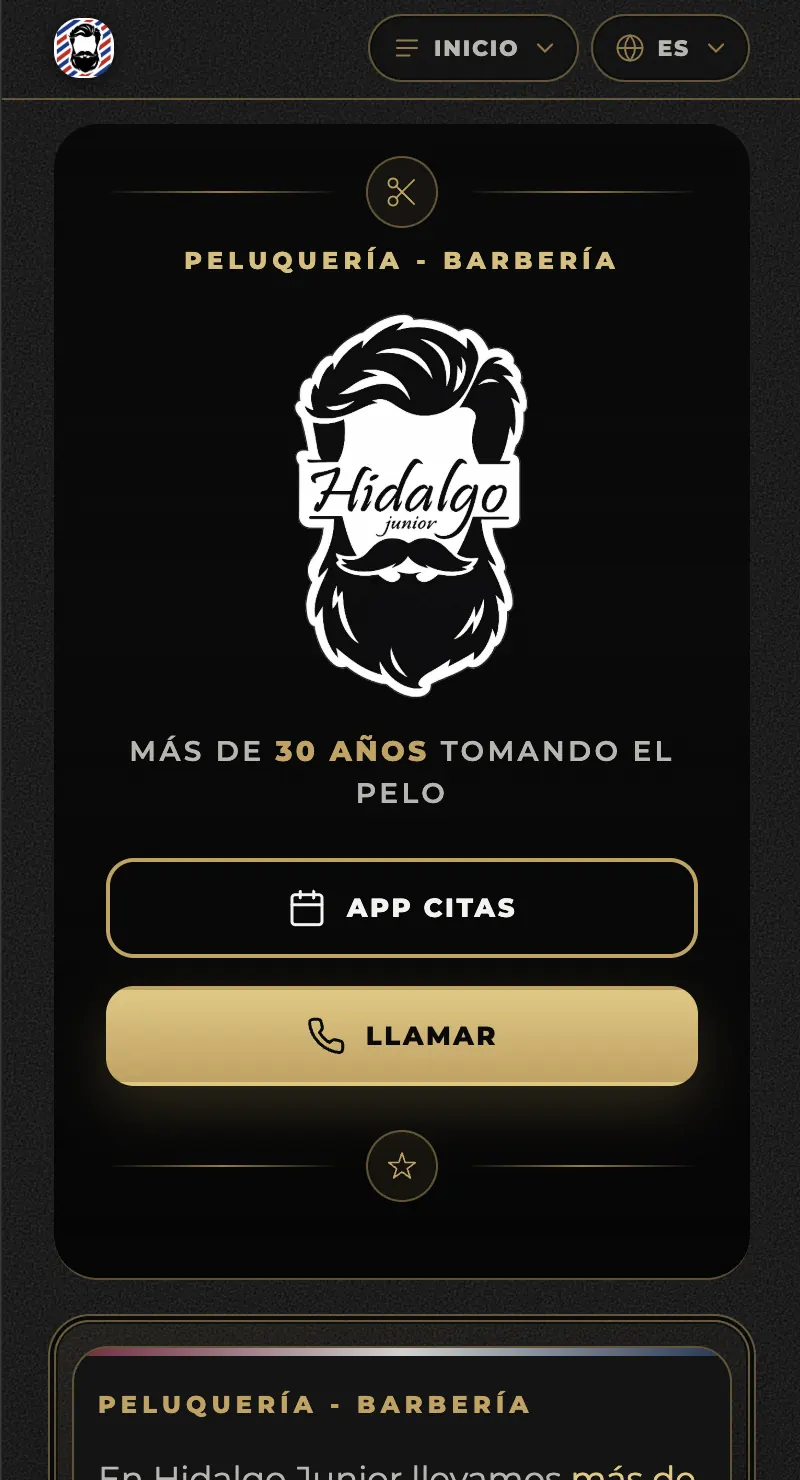 Página de inicio de hidalgojunior.com, la web de la peluquería Hidalgo Junior en Sant Pere de Ribes